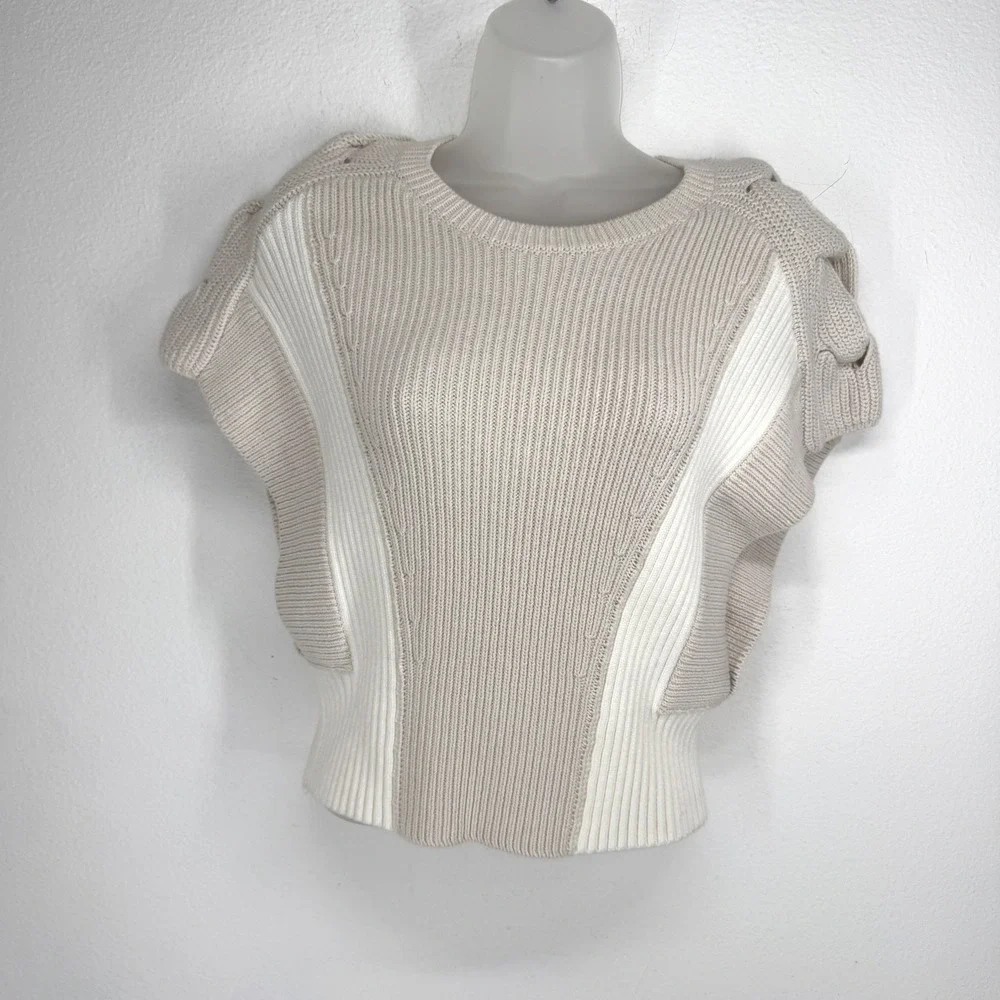 IRO Paris Kalou Ribbed Knit Two Tone Short Sleeve Sweater Beige Cream Small
